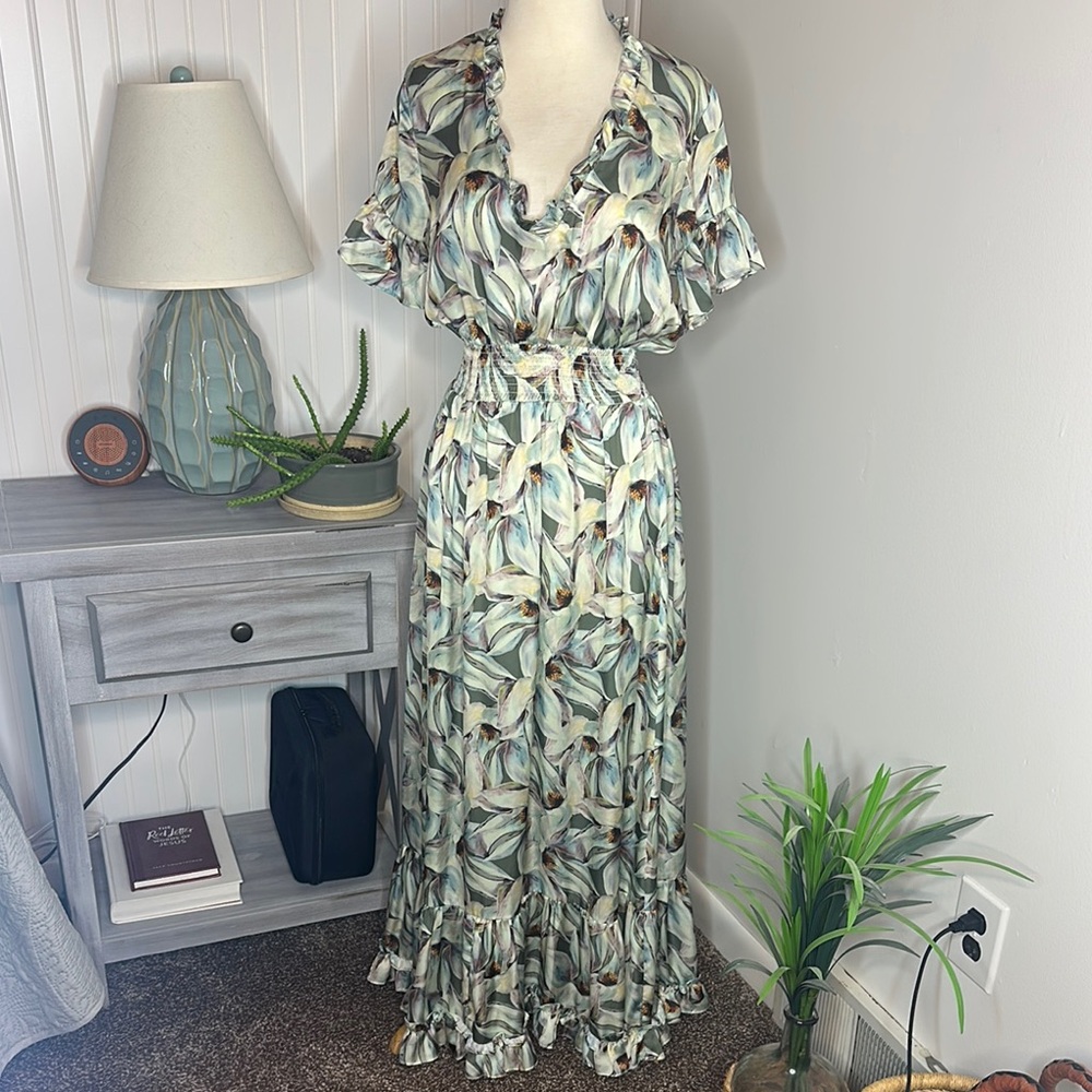 Leaf Print Maxi Dress with Ruffled Details